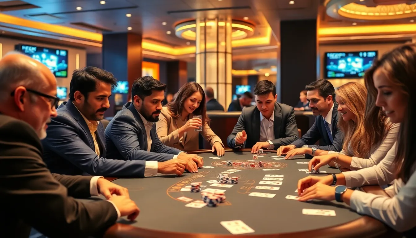 diverse players engaged in an exciting poker game at a casino table.