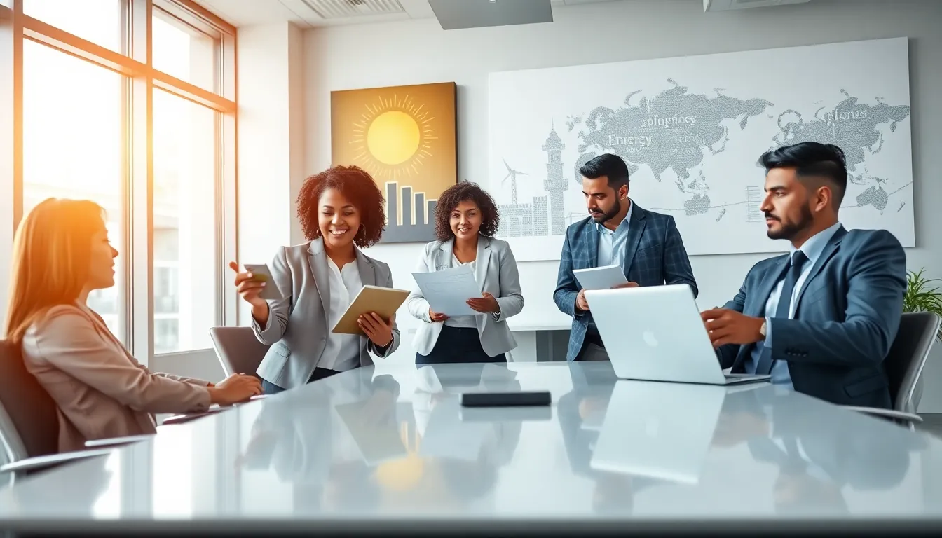 diverse team discussing power management solutions in a modern office.