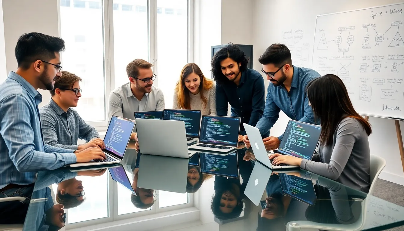developers collaborating on Java programming in a modern office.