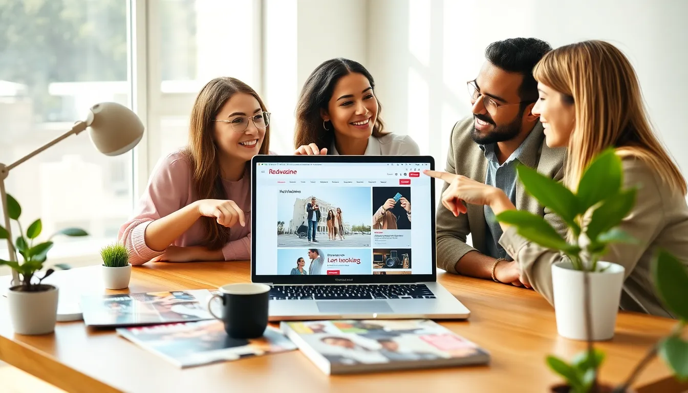 diverse professionals discussing content on a laptop in a modern office.