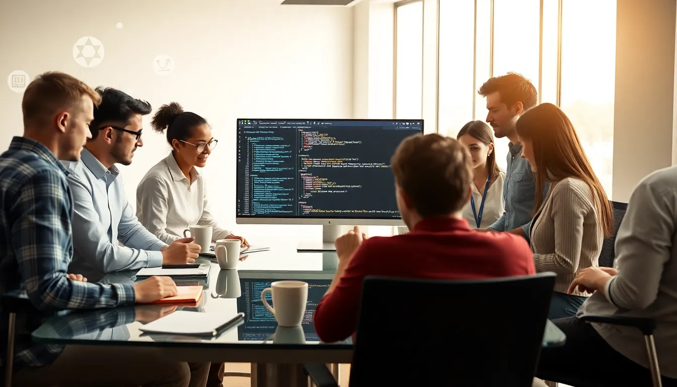 diverse team collaborating on Java programming in a modern office.