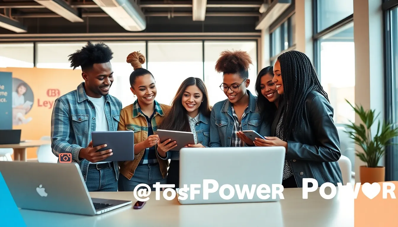 diverse influencers collaborating in a modern workspace.