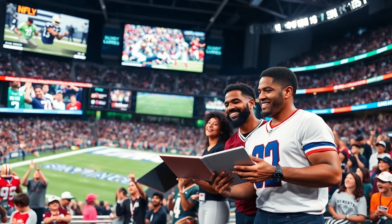 sports analysts discussing trends in a vibrant stadium atmosphere.