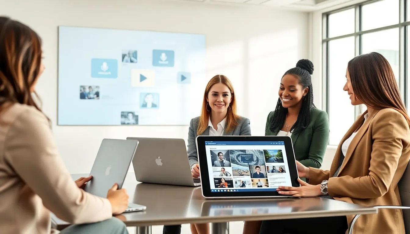 diverse team collaborating on digital magazine features in modern office.